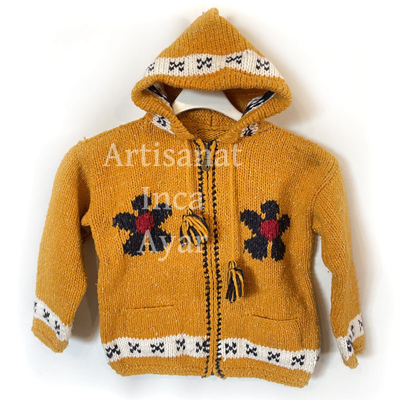 Gilet pure laine enfant 6/7 ans jaune fleur bleu