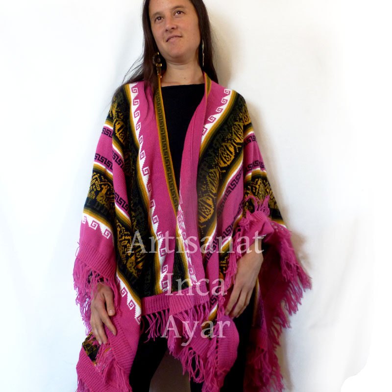 Large poncho ouvert en laine d'alpaga rose