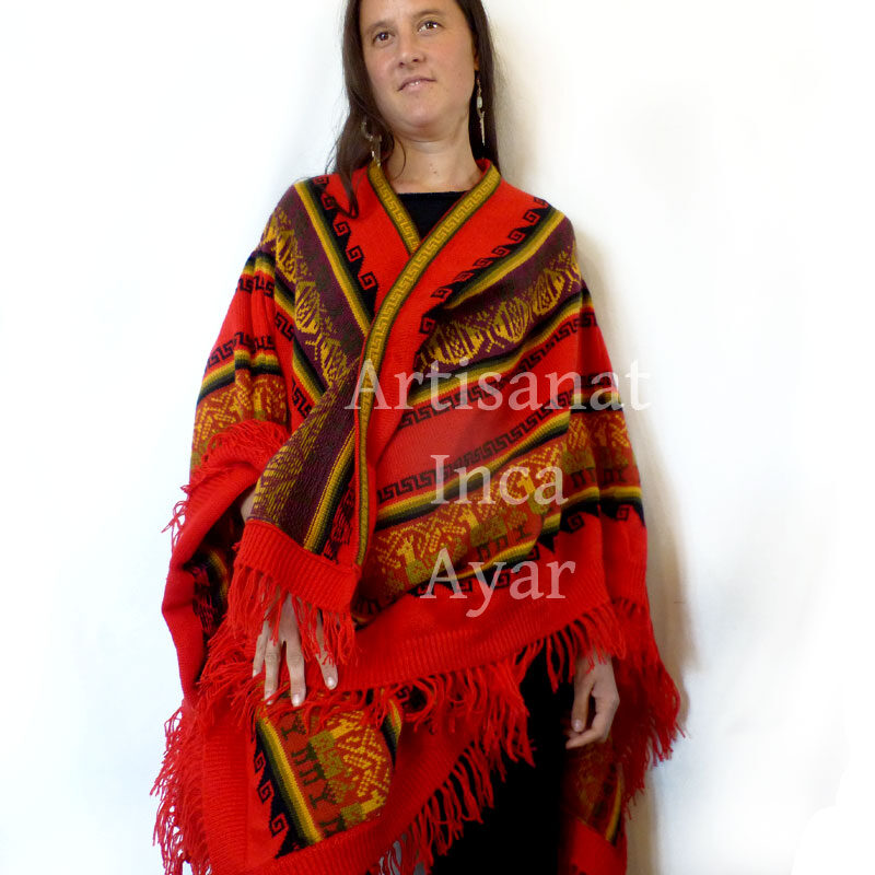 Large poncho ouvert en laine d'alpaga rouge