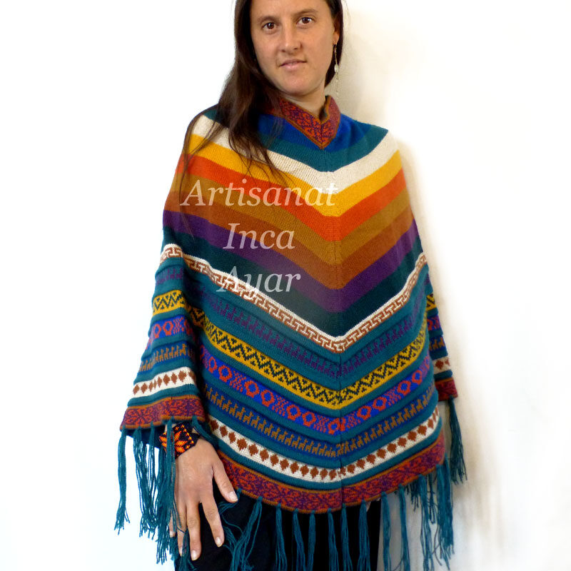 Poncho femme rayé en laine d'alpaga colorée