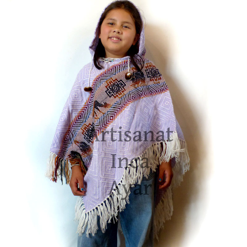 Poncho enfant tissé en laine d'alpaga violet clair