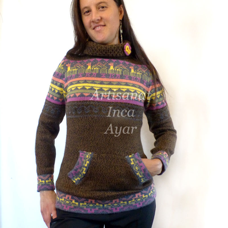 Pull adulte en laine d'alpaga petite taille marron foncé