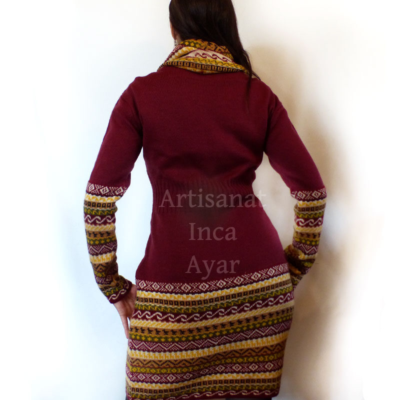 Robe en laine d'alpaga bordeaux et jaune