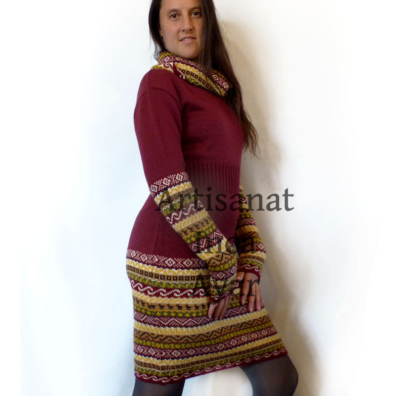 Robe en laine d'alpaga bordeaux et jaune