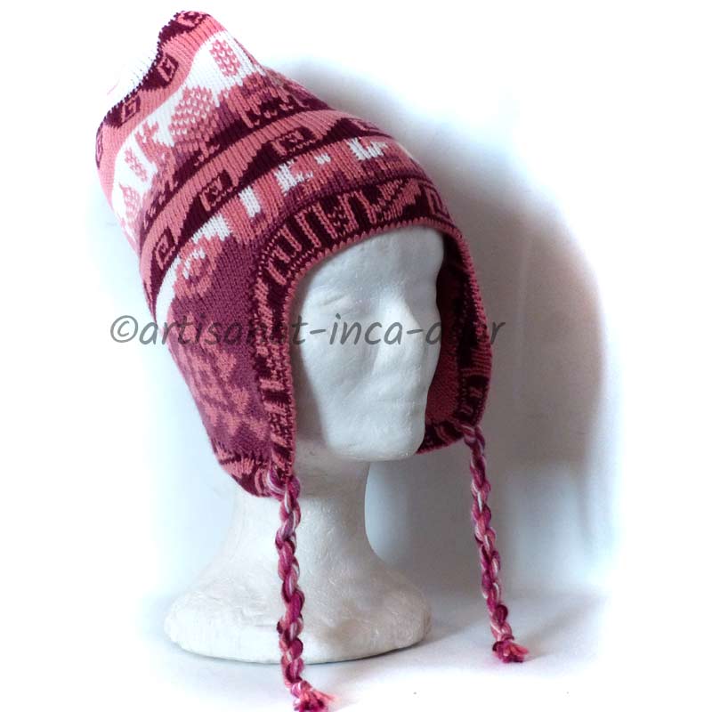 Bonnet peruvien fille ⇒ Achat bonnet inca, couleur cerise Reference : 1207