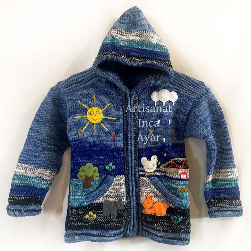 Gilet péruvien enfant 6/7 ans bleu chiné