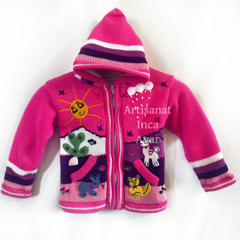 Gilet péruvien enfant 5/6 ans doublé polaire rose vif