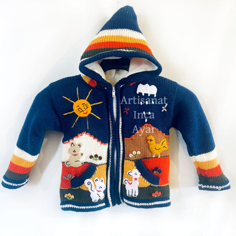 Gilet péruvien enfant 3/4 ans doublé polaire bleu foncé