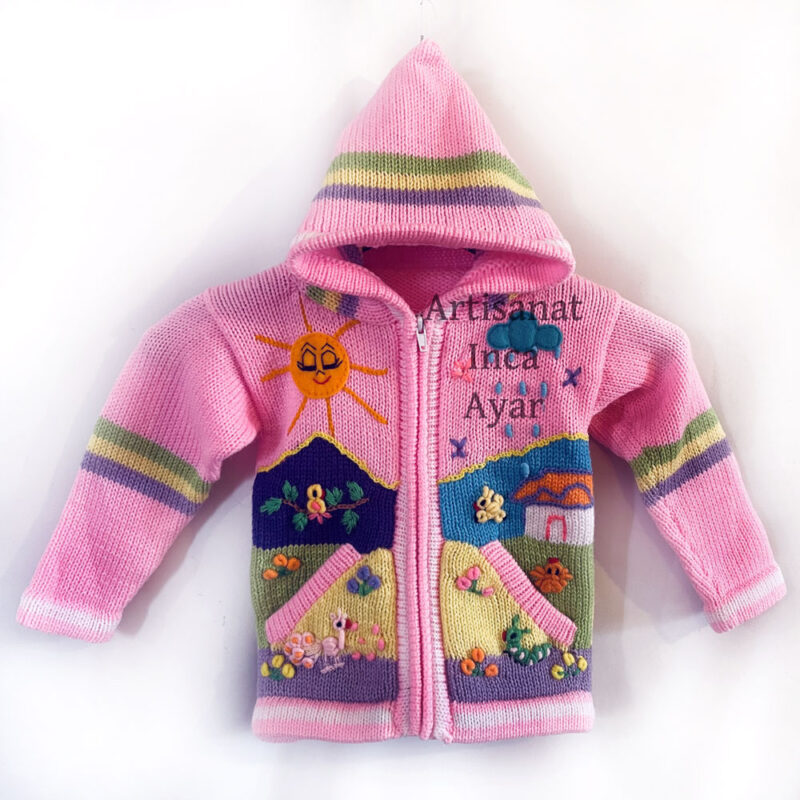 Gilet péruvien enfant 3/4 ans rose clair et multicolore