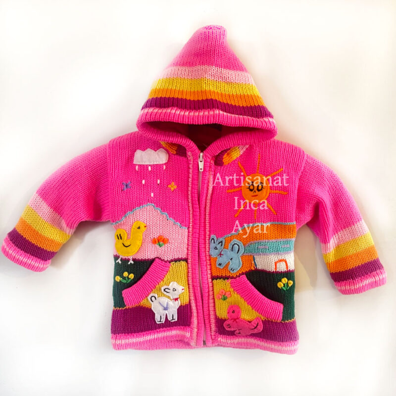 Gilet péruvien enfant doublé polaire 10 mois/ 2 ans rose vif et multicolore