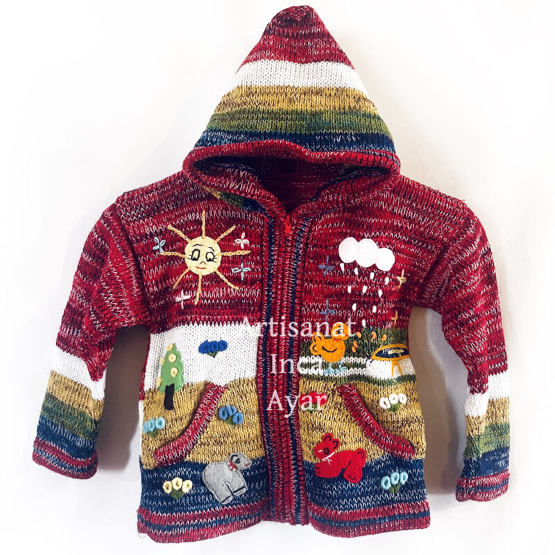 Gilet péruvien enfant 5/6 ans rouge chiné