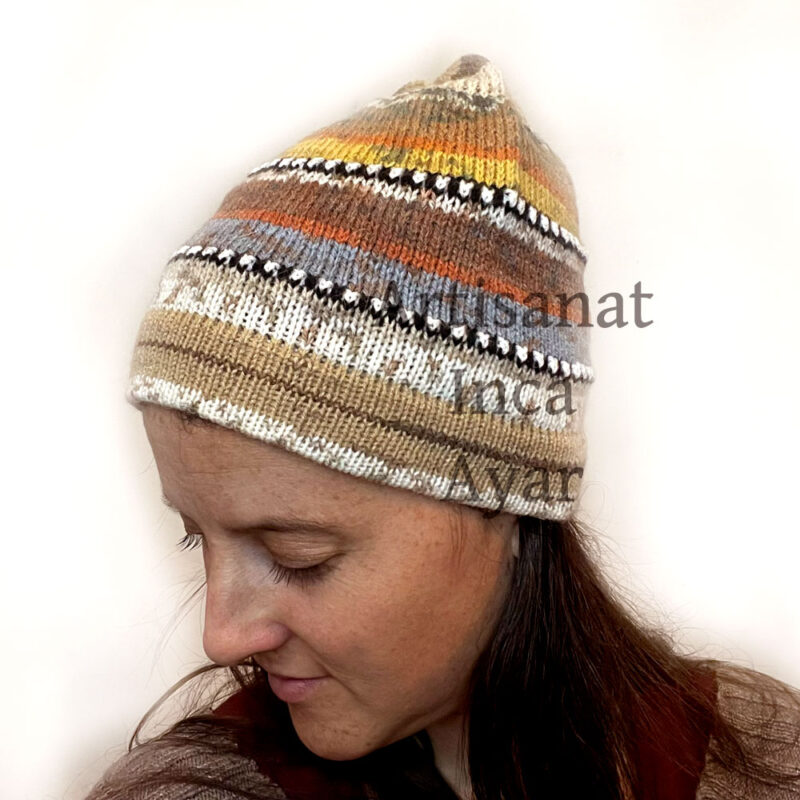 Bonnets fin rayé en laine d'alpaga beige et marron