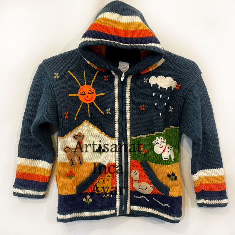 Gilet péruvien enfant 6/7 ans bleu foncé et multicolore