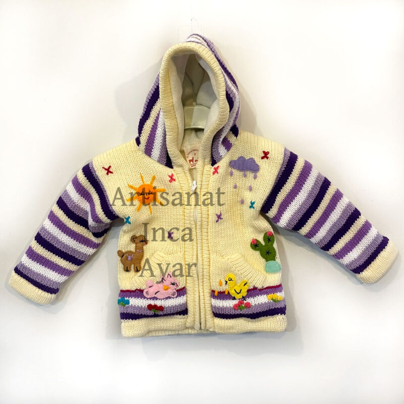 Gilet péruvien enfant doublé polaire 10 mois/ 2 ans blanc et violet