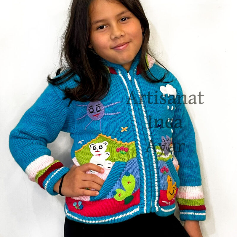 Gilet péruvien enfant 6/7 ans doublé polaire turquoise et multicolore