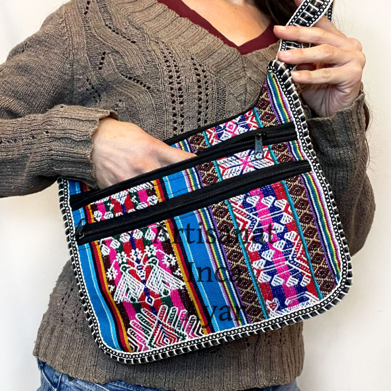 Sac à bandoulière en tissu péruvien bleu et multicolore