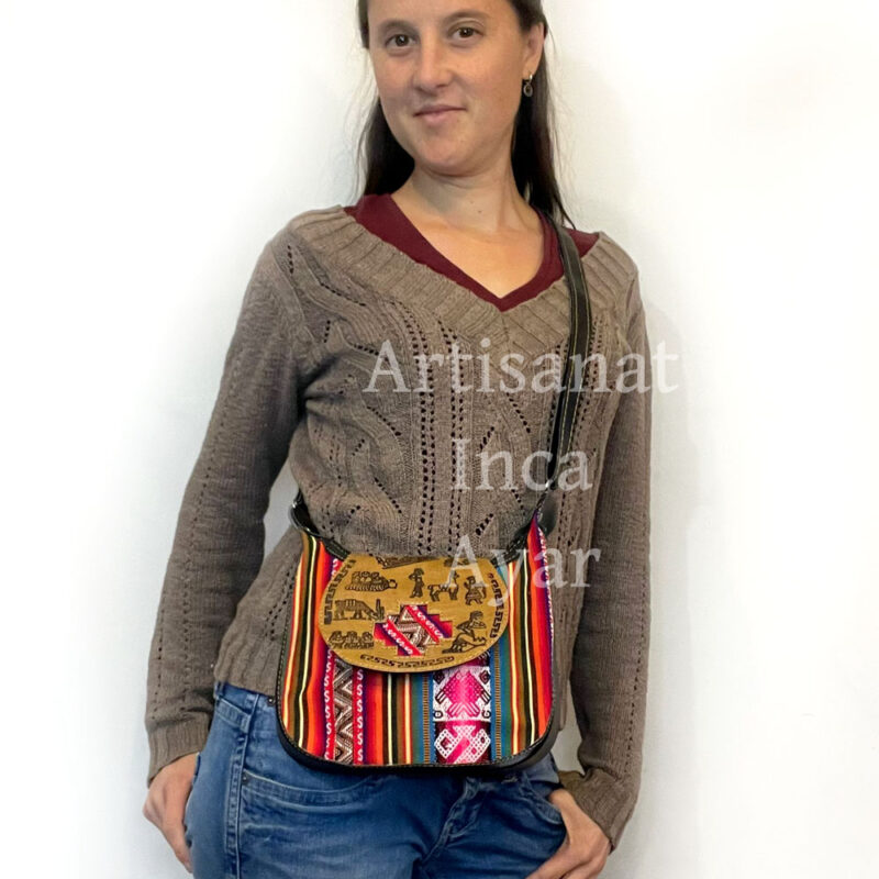 Sac à main simili cuir et tissu péruvien multicolore