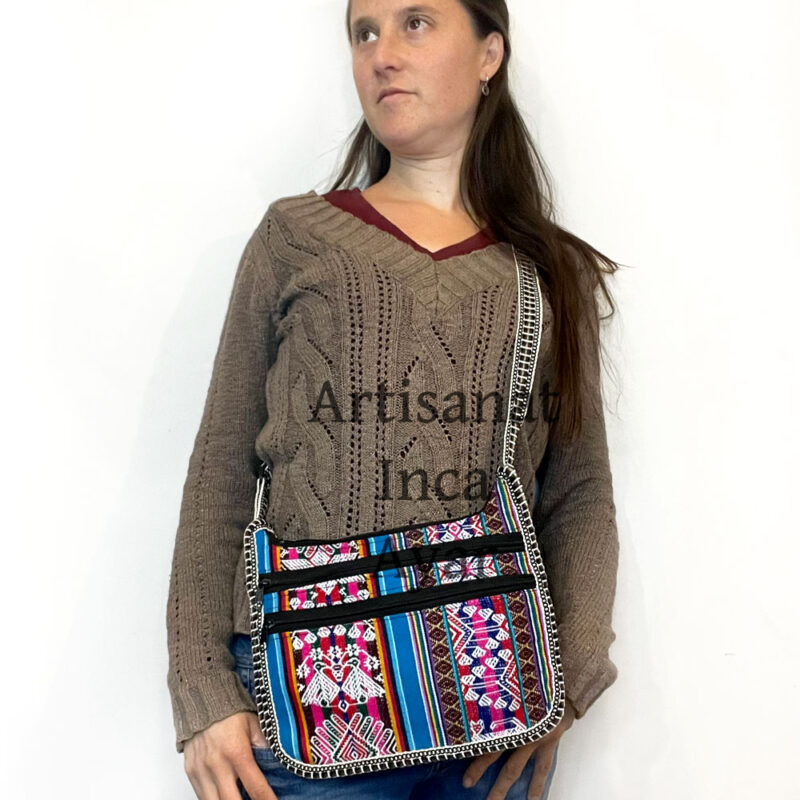 Sac à bandoulière en tissu péruvien bleu et multicolore