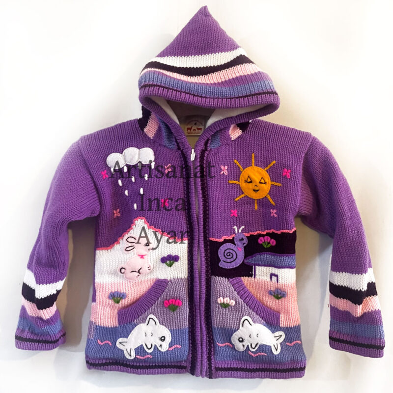 Gilet péruvien enfant 5/6 ans doublé polaire violet