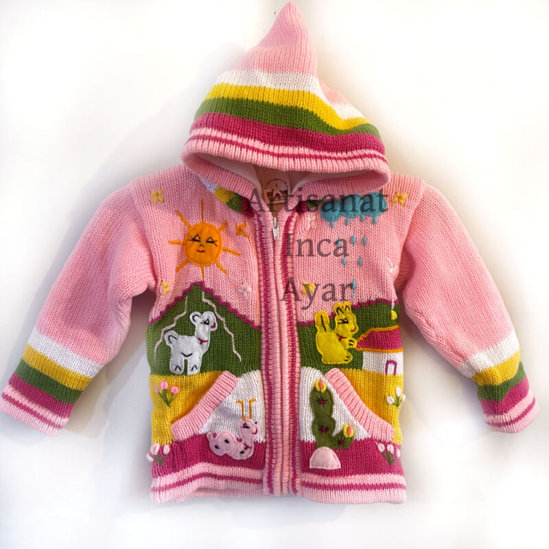 Gilet péruvien enfant 3/4 ans doublé polaire rose clair et multicolore