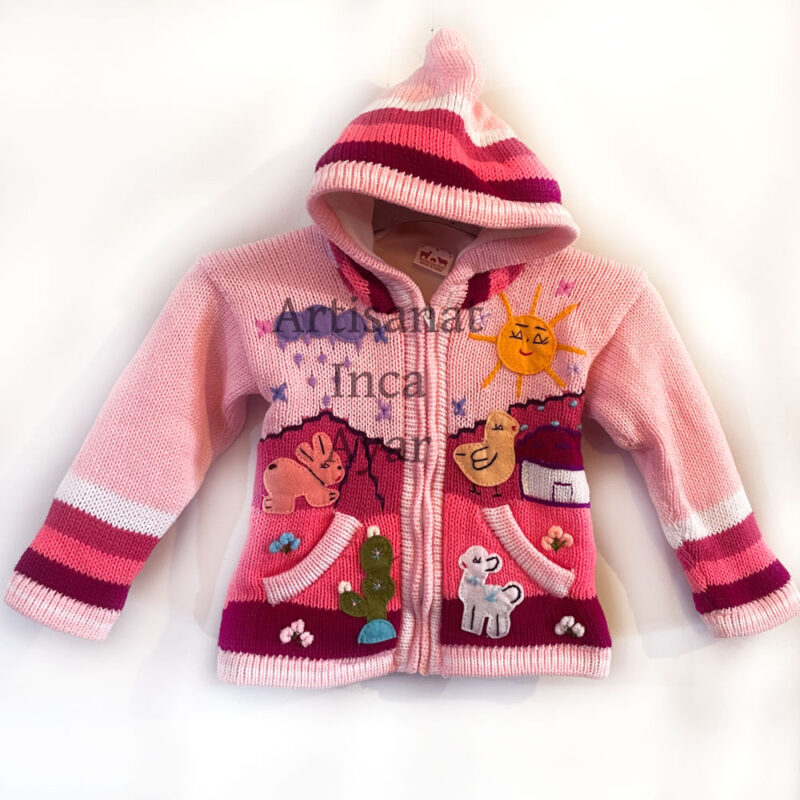 Gilet péruvien enfant 3/4 ans rose doublé polaire