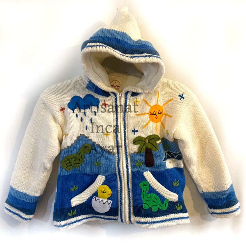 Gilet péruvien enfant 6/7 ans doublé polaire blanc et bleu