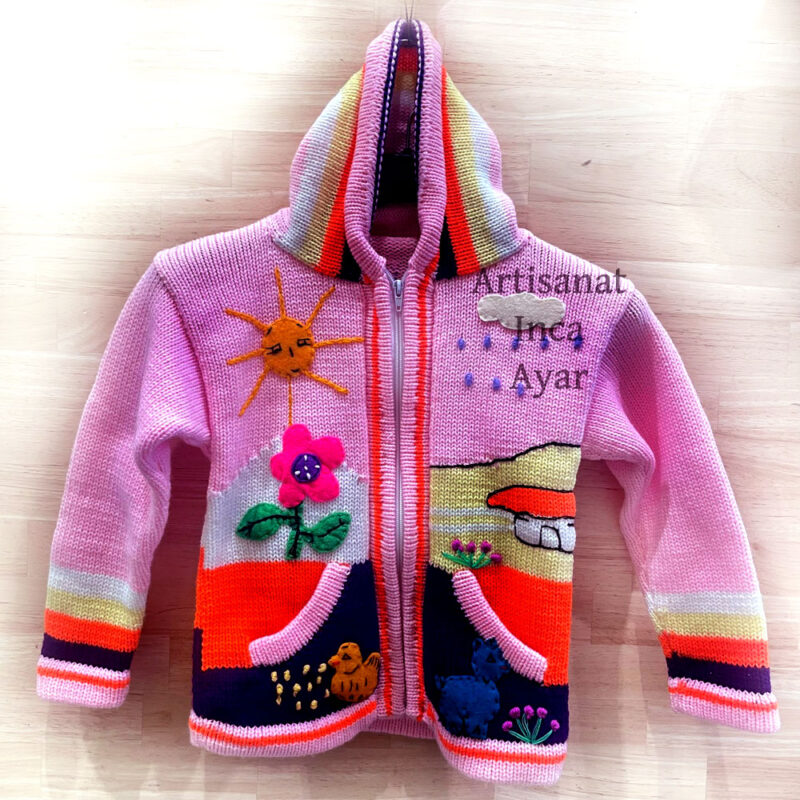 Gilet péruvien enfant 6/7 ans rose clair et multicolore