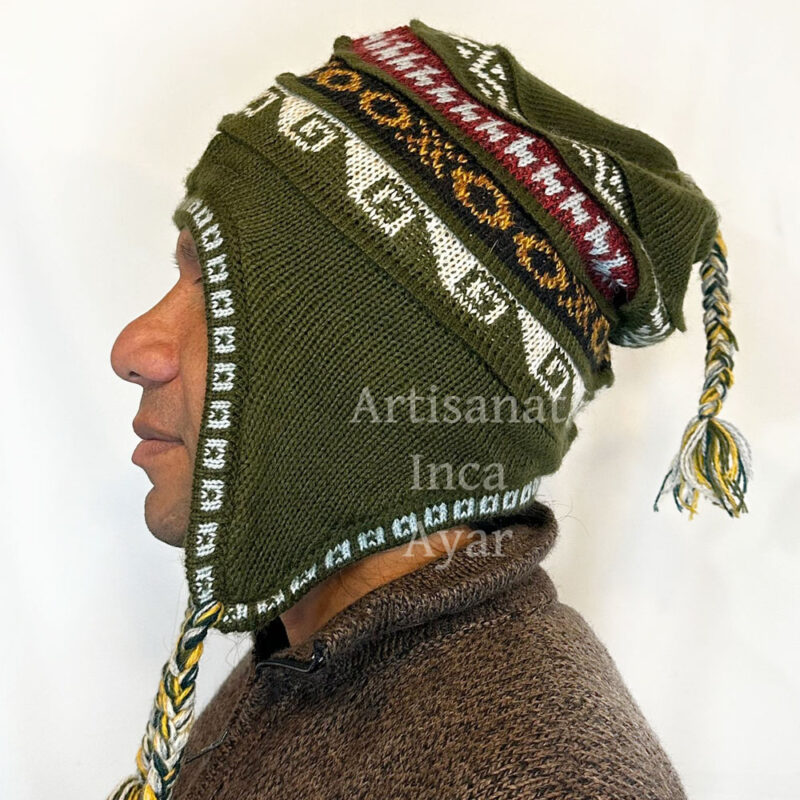 Grand bonnet à oreille en laine d'alpaga doublé polaire vert kaki