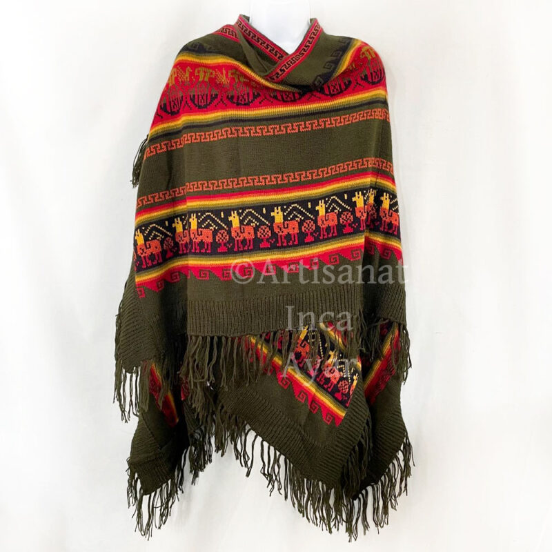 Large poncho ouvert en laine d'alpaga vert kaki