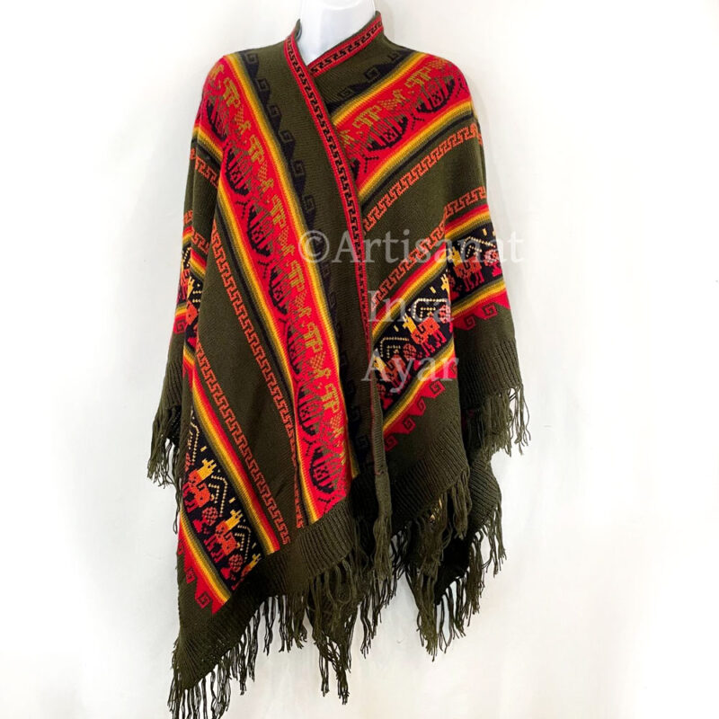 Large poncho ouvert en laine d'alpaga vert kaki