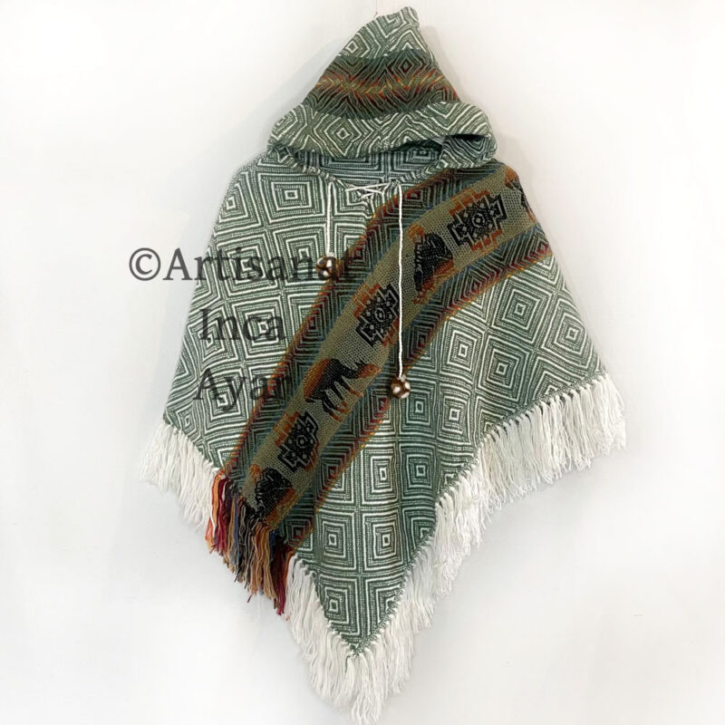 Poncho enfant tissé en laine d'alpaga vert