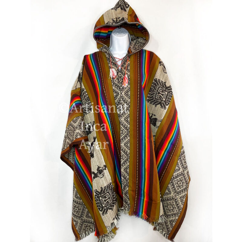 Poncho en tissu péruvien marron et multicolore