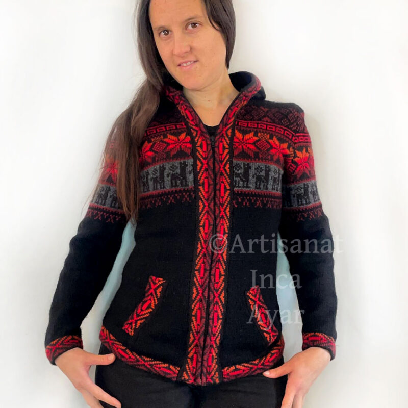 Gilet femme en laine d'alpaga noir et rouge