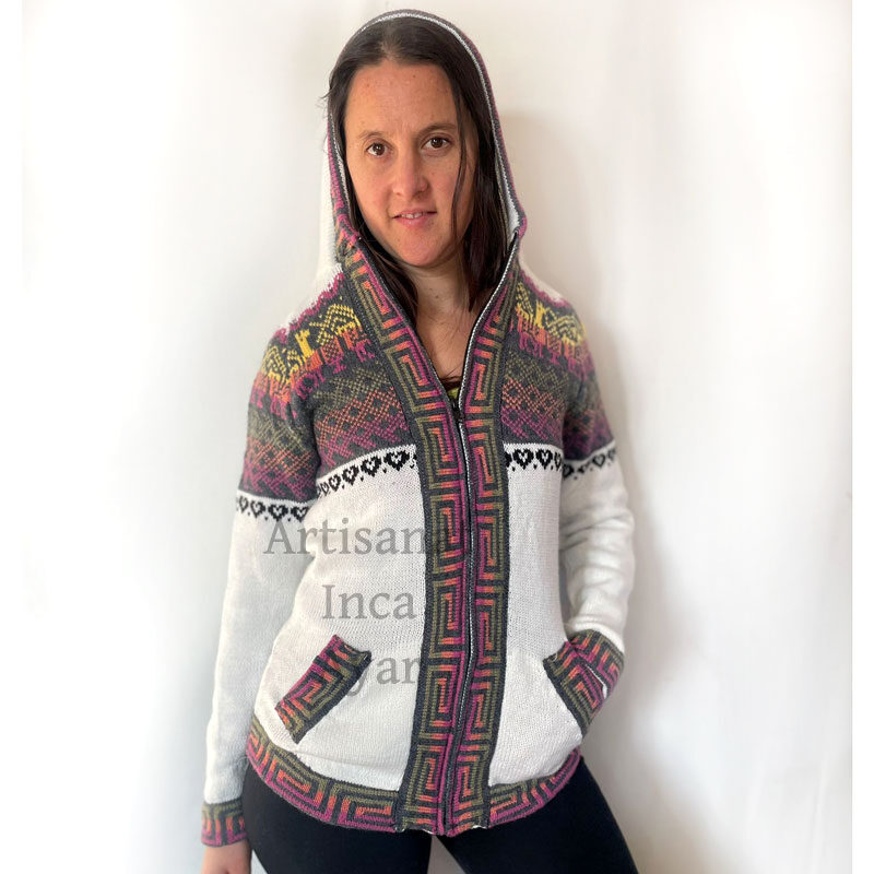 Gilet femme en laine d'alpaga blanc et multicolore